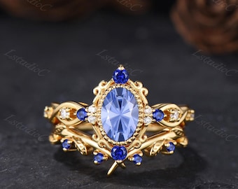 Firework Cut Oval Cornflower Sapphire Engagement Ring Set Yellow Gold Blue Stones Wedding Ring Set September Birthstone Bridal Ring Set