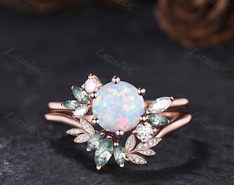 Round Cut White Opal Nature Inspired Engagement Ring Set Marquise Moss Agate Leaf Stacking Ring Moissanite Cluster Stones Anniversary Ring