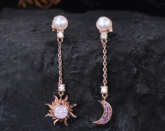 Firework Cut Lavender Purple Sapphire Drop Dangle Earrings Sun Moon Pearl Amethyst Earrings Rose Gold Celestial Purple Stones Earrings