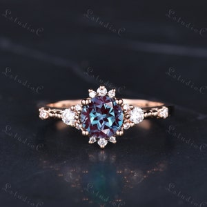 Dainty Round Cut Alexandrite Diamond Ring 14k Rose Gold Vintage Color Changing Gemstone Engagement Ring Unique Anniversary Gift for Women