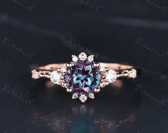 Dainty Round Cut Alexandrite Ring 14k Rose Gold Vintage Color Changing Gemstone Ring Unique June Birthstone Anniversary Gift for Women