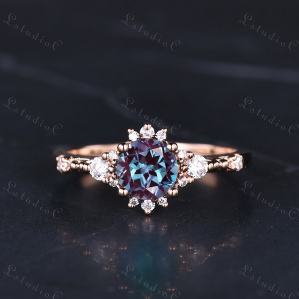 Dainty Round Cut Alexandrite Diamond Ring 14k Rose Gold Vintage Color Changing Gemstone Engagement Ring Unique Anniversary Gift for Women