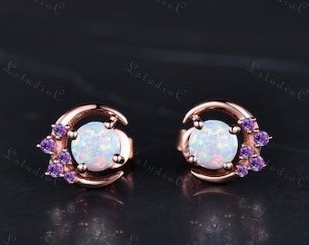 Unique Round Cut Opal Amethyst Earrings Rose Gold Cluster Gemstone Moon Stud Earrings Women Promise Anniversary Gift for Her Jewelry
