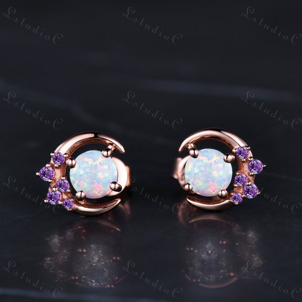 Unique Round Cut Opal Amethyst Earrings Rose Gold Cluster Gemstone Moon Stud Earrings Women Promise Anniversary Gift for Her Jewelry