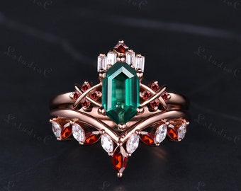 Antique Long Hexagon Cut Emerald Engagement Ring Set Antique Marquise Red Garnet Moissanite Stacking Ring Birthstone Bridal Set Women Gift