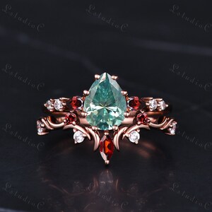 Vintage Pear Shaped Cut Green Moissanite Ring Set 14k Rose Gold Art Deco Garnet Engagement Ring Set Moissanite Bridal Set Branch Twig Ring