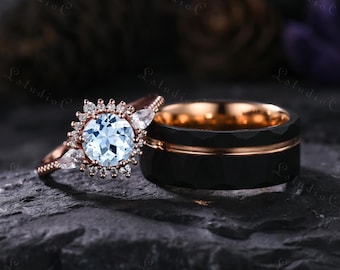 Vintage Aquamarine Couple Ring Set Rose Gold Black Tungsten Wedding Band for His and Her Promise Bridal Set Anniversary Gift for Women Men