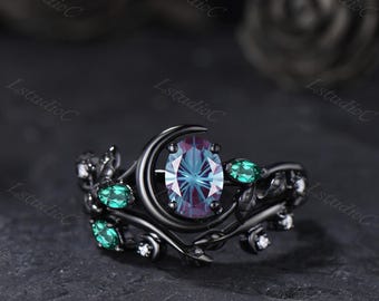 Oval Firework Cut Alexandrite Black Gold Engagement Ring Set Crescent Moon Leaf Marquise Emerald Ring Nature Inspired June Birthstone Ring