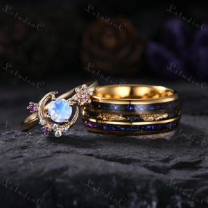 Vintage Round Blue Moonstone Couple Ring Set Unique Galaxy Tungsten Mens Ring for His and Her Wedding Band Dainty Promise Ring Bridal Set