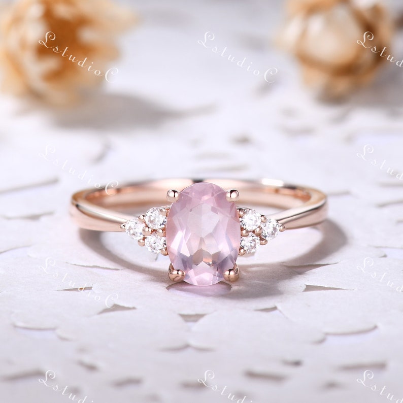 Natural Oval Rose Quartz Engagement Ring Sterling Silver Dainty Quartz Ring Vintage Gemstone Ring Women Unique Wedding Promise Ring image 1