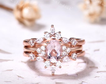 2pcs Oval Morganite Moissanite Engagement Ring Set Rose Gold Double Curved Stackable Ring Art Deco Enhancer Wedding Bridal Set for Women