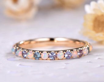 Opal Alexandrite Wedding Ring Band 2mm Full Eternity Small Eva Alexandrite Ring October Birthstone Stackable Bridal Ring for Women Gift