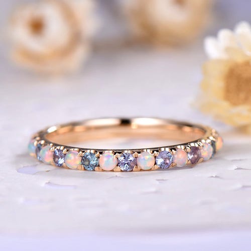 2mm Opal Alexandrite Eternity Wedding Band Solid 14k Gold June and October Birthstone Stackable Ring Minimalist Gemstone Stack Ring