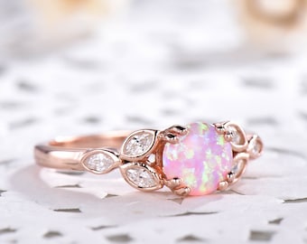 Pink Fire Opal Engagement Ring Rose Gold Sterling Silver Flower Leaf CZ Diamond Antique Wedding Ring Retro Anniversary Gift Bridal Promise