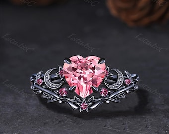 Gothic Heart Shaped Cut Pink Padparadscha Sapphire Celestial Ring Set Black Gold Pink Tourmaline Star Moon Ring Leaf Twig Branch Ring