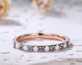 2mm Opal Alexandrite Wedding Band Ring Silver Full Eternity Color Change Stacking Ring Birthstone Matching Band Promise Ring for Women Gift