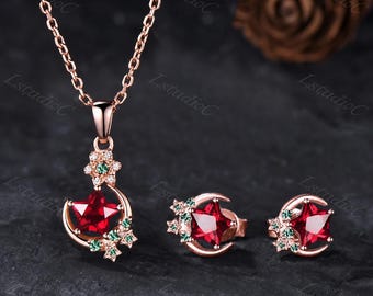Unique Star Shape Cut Ruby Stud Earrings Necklace Jewelry Set 14k Rose Gold Emerald Celestial Star Moon Promise Anniversary Gift for Her