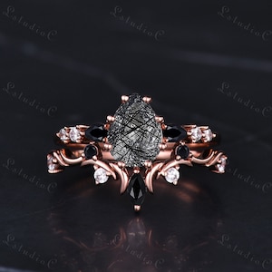 Vintage Pear Shaped Cut Black Rutilated Quartz Ring Set 14k Rose Gold Onyx Engagement Ring Set Moissanite Bridal Set Unique Twig Ring Women