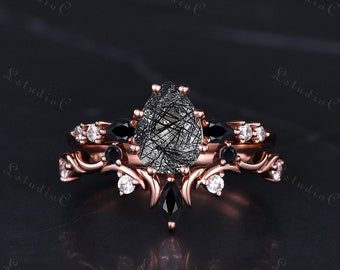 Vintage Pear Shaped Cut Black Rutilated Quartz Ring Set 14k Rose Gold Onyx Engagement Ring Set Moissanite Bridal Set Unique Twig Ring Women
