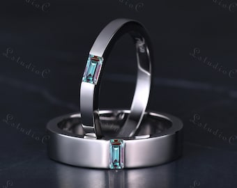 Baguette Cut Alexandrite Couple Wedding Ring Set Solid White Gold Men Plain Gold Band Women Solitaire Stacking Matching Ring Minimalist Gift