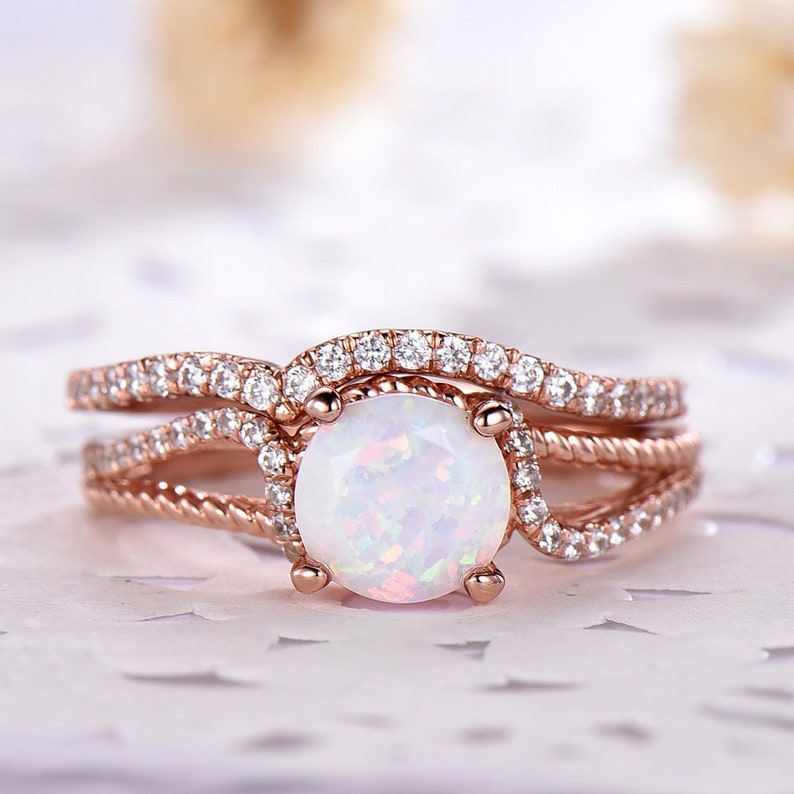 Opal Wedding Ring Set CZ Diamond 14k 18k Rose Gold 925 Etsy