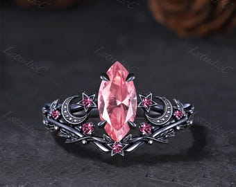 Vintage Marquise Cut Pink Padparadscha Sapphire Black Gold Ring Set Gothic Star Moon Celestial Pink Tourmaline Accent Leaf Twig Ring for Her