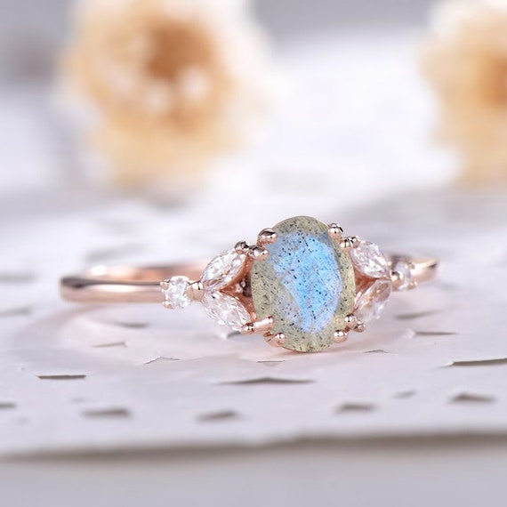 Labradorite Engagement Ring Oval Labradorite Ring Rose Gold Art