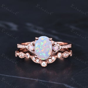 Oval White Opal Engagement Ring Vintage 14k Rose Gold Galaxy Opal Wedding Bridal Set October Birthstone Ring Cluster 3 Stone Ring for Women