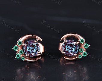 Dainty Round Cut Alexandrite Earrings Rose Gold Cluster Emerald Moon Stud Earrings Women Unique Promise Anniversary Gift for Her Jewelry