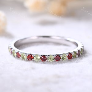 2mm Peridot Garnet Wedding Band Ring White Gold Full Eternity Red Green Gemstone Ring August Birthstone Ring Stackable Ring for Women