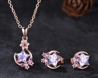 Vintage Star Shape Cut Lavender Amethyst Necklace Stud Earrings Jewelry Set Rose Gold Crescent Moon Purple Stones Pendant Gift for Women