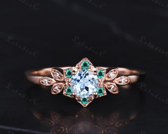 Vintage Blue Aquamarine Flower Leaf Engagement Ring 14k Rose Gold Emerald Ring Floral Halo Wedding Ring Art Deco Promise Ring Gift for Women