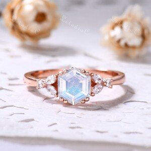 Hexagon Cut Moonstone Engagement Ring Vintage Rainbow Moonstone Ring Rose Gold Marquise Moissanite Ring Unique Ring Women Promise Ring