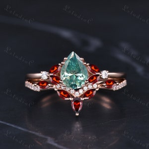 Unique Pear Shaped Green Moissanite Engagement Ring Set 14k Rose Gold Marquise Garnet Moissanite Wedding Bridal Set Art Deco Ring Gift Women