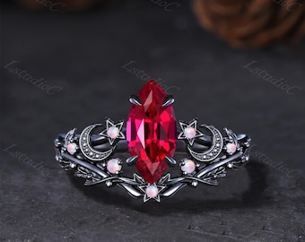 Gothic Marquise Cut Ruby Black Gold Celestial Ring Set Opal Star Moon Nature Inspired Ring July Birthstone Leaf Twig Red Gemstone Bridal Set