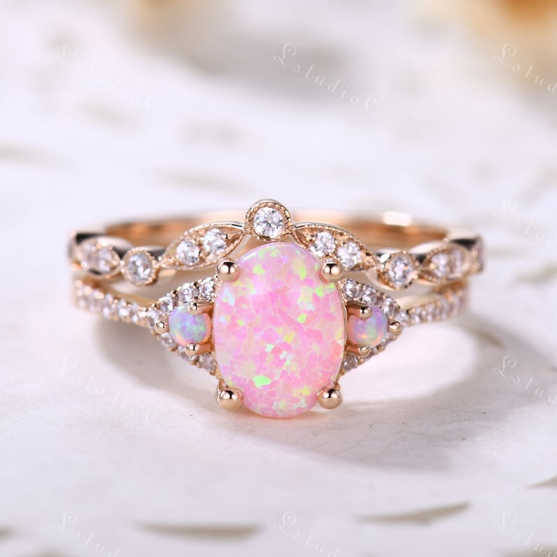 Fire Opal Ring Set Rose Gold Pink Opal Engagement Ring Set Vintage Oval cut Opal Wedding Ring Set Butterfly Ring Stacking Ring Promise Ring 