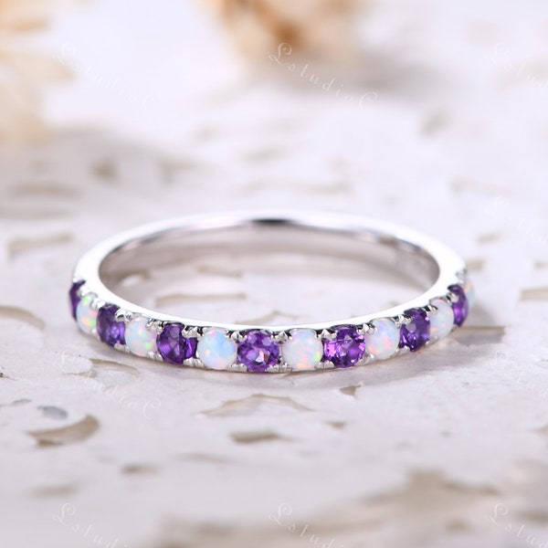 Fire Opal Amethyst Wedding Ring Band Opal Amethyst Ring 2mm White Gold Ring Stackable Ring Vintage Ring Birthstone Ring Sterling Silver