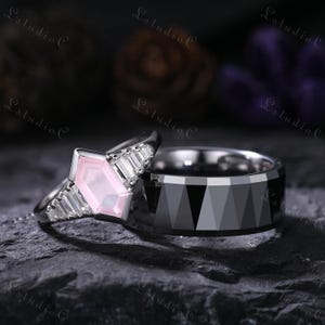 Long Hexagon Cut Rose Quartz Couple Ring Set Hammered Tungsten Mens Ring for His and Her Unique Bridal Set Anniversary Gift for Men Women