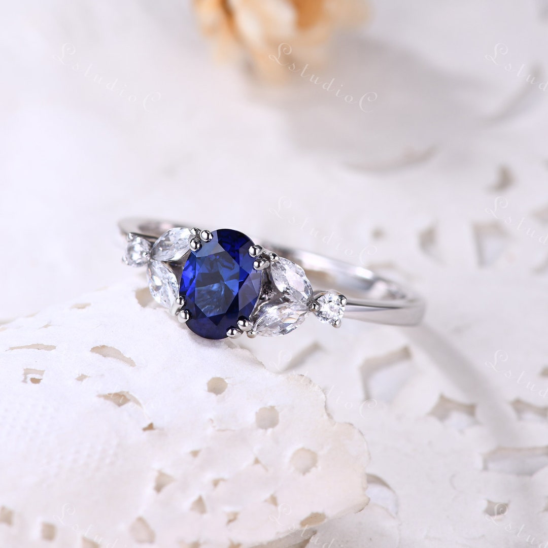 Blue Sapphire Engagement Ring 14k Sterling Silver White Gold - Etsy