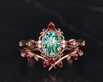 Oval Cut Green Moissanite Bridal Ring Set Vintage Red Garnet Leaf Engagement Ring Retro Women Promise Anniversary Ring Unique Dainty Ring