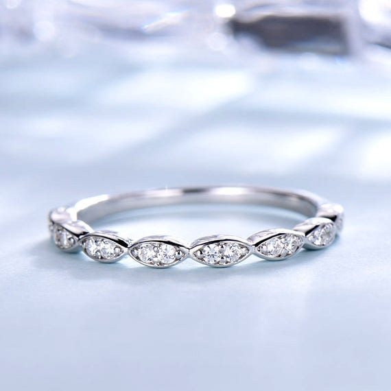 14k Rose Gold CZ Diamond Marquise Wedding Band Cubic Zirconia Engagement Ring Eternity Matching Jewelry 