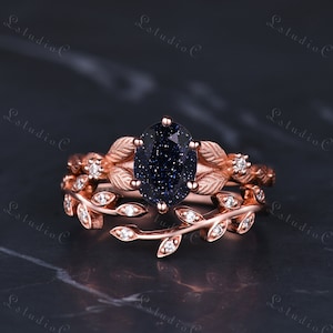 Vintage Oval Blue Sandstone Leaf Engagement Ring Set Art Deco Diamond Vine Stackable Ring Unique Twig Bridal Set Women Nature Inspired Ring