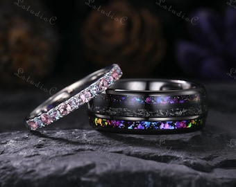 2mm Alexandrite Pink Tourmaline Couple Ring Set Galaxy Tungsten