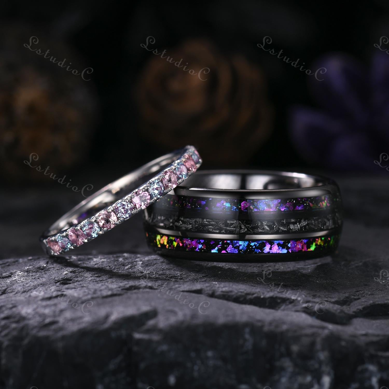2mm Alexandrite Pink Tourmaline Couple Ring Set Galaxy Tungsten