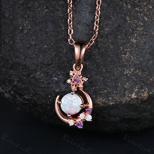 Dainty Opal Amethyst Necklace 14k Rose Gold Unique Star Moon Moissanite Pendant Art Deco Women Anniversary Gift Vintage Delicate Gift