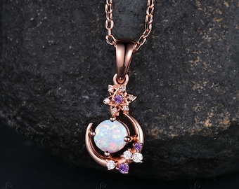 Dainty Opal Amethyst Necklace 14k Rose Gold Unique Star Moon Moissanite Pendant Art Deco Women Anniversary Gift Vintage Delicate Gift