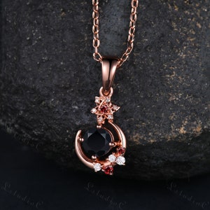 Dainty Round Cut Black Onyx Necklace Rose Gold Star Moon Garnet Moissanite Pendant Art Deco Women Anniversary Gift Vintage Jewelry for her