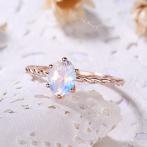 Solitaire Moonstone Ring Oval Rainbow Moonstone Engagement Ring Vintage Twisted Ring Band Unique Wedding Ring Bridal Ring for Women Jewelry