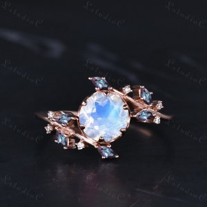 Anillo de compromiso Art Déco de piedra lunar azul, oro rosa, anillo de alejandrita marquesa vintage, anillo de rama de hoja único, anillo de moissanita delicado para mujeres