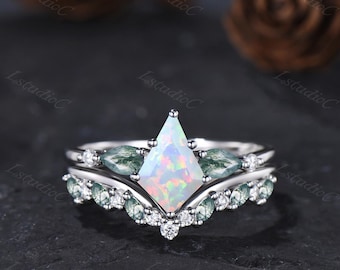 Kite Shaped White Opal Moss Agate Engagement Ring Set Sterling Silver Fire Opal Moissanite Ring October Birthstone Promise Ring Anniversary